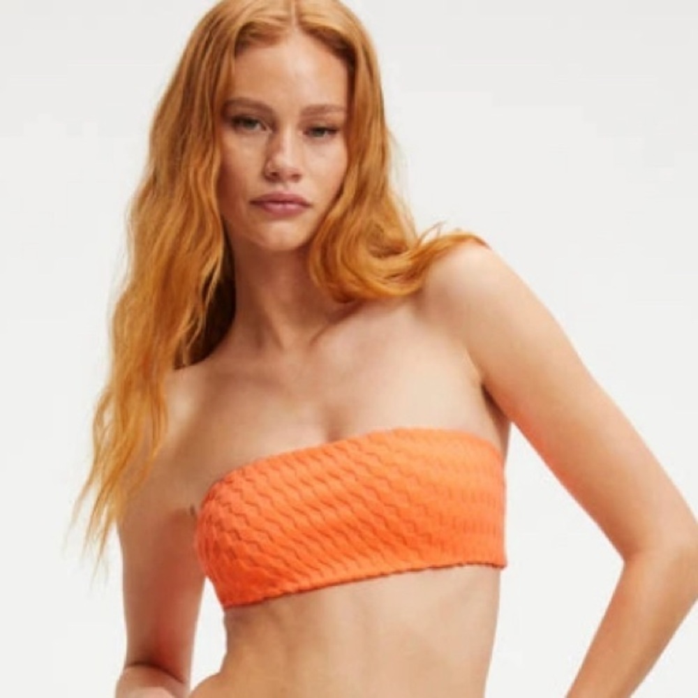 NWT [Good American] Bandeau Textured Swimsuit Bikini Top, Orange Juniors Sz (1)